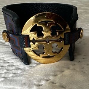 Tory Burch- Gold and Navy Blue Leather Cuff Bracelet